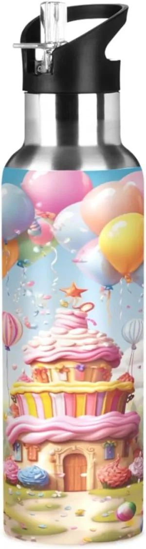 Happy Birthday Balloons Cake Print Sport Water Bottle with Straw Lid 20oz, Leak-Proof Double-Wall Vacuum Stainless Steel Insulated Bottles