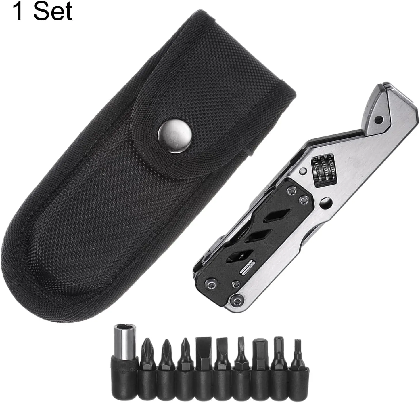 HARFINGTON 5 in 1 Multitool Wrench with Knife, Flat/Phillips Screwdriver and Bottle Opener, Folding Multifunctional Adjustable Wrenches with 9 in 1 Bits Set, Black