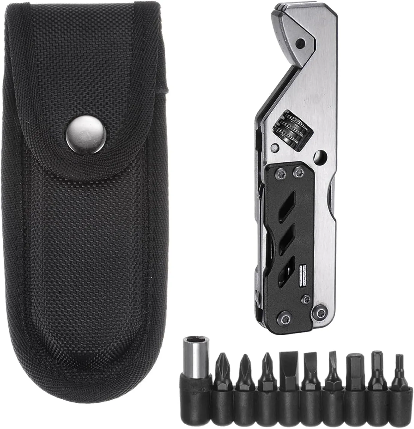 HARFINGTON 5 in 1 Multitool Wrench with Knife, Flat/Phillips Screwdriver and Bottle Opener, Folding Multifunctional Adjustable Wrenches with 9 in 1 Bits Set, Black