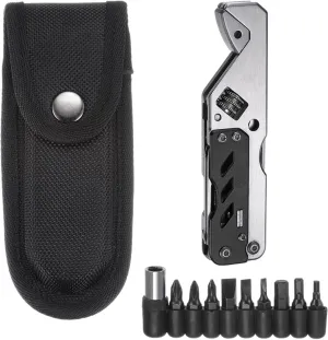 HARFINGTON 5 in 1 Multitool Wrench with Knife, Flat/Phillips Screwdriver and Bottle Opener, Folding Multifunctional Adjustable Wrenches with 9 in 1 Bits Set, Black