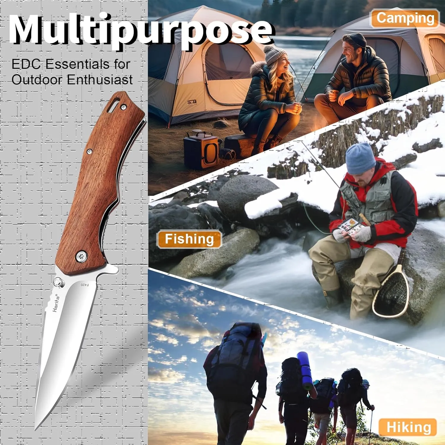 Harita Pocket Knife Folding Knife Wood Handle edc Stainless Steel Blades Double Thumb Stud with Belt Clip, 3.4-inch Sharp Blade 8cr13mov Steel,Liner Lock Flipper Knife