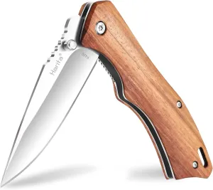 Harita Pocket Knife Folding Knife Wood Handle edc Stainless Steel Blades Double Thumb Stud with Belt Clip, 3.4-inch Sharp Blade 8cr13mov Steel,Liner Lock Flipper Knife