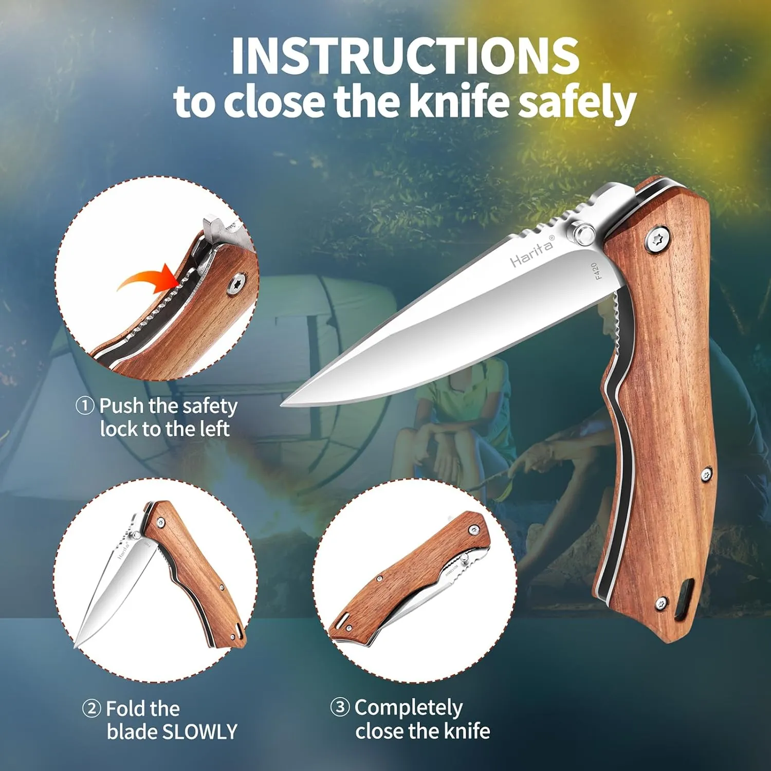 Harita Pocket Knife Folding Knife Wood Handle edc Stainless Steel Blades Double Thumb Stud with Belt Clip, 3.4-inch Sharp Blade 8cr13mov Steel,Liner Lock Flipper Knife