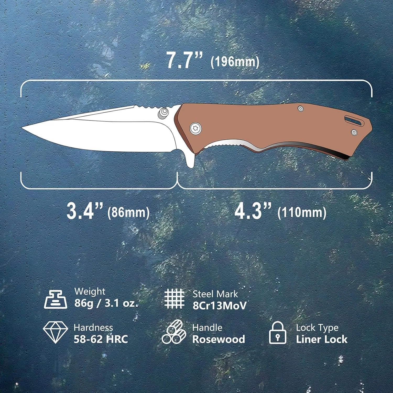 Harita Pocket Knife Folding Knife Wood Handle edc Stainless Steel Blades Double Thumb Stud with Belt Clip, 3.4-inch Sharp Blade 8cr13mov Steel,Liner Lock Flipper Knife