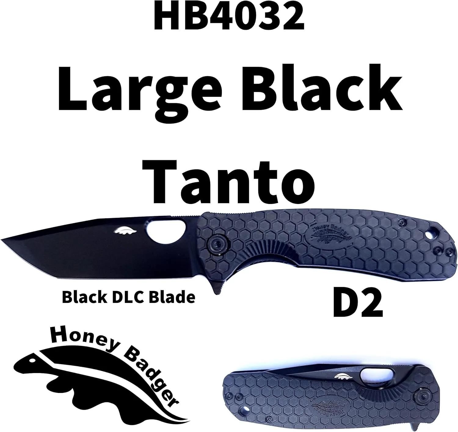 HB4032 Honey Badger Tanto Pocket Knife 3.63" Blade Lightweight 3.9oz Folding Utility EDC Deep Pocket Carry for Outdoor Tactical Survival Camping - Reversible Clip - Large Black DLC