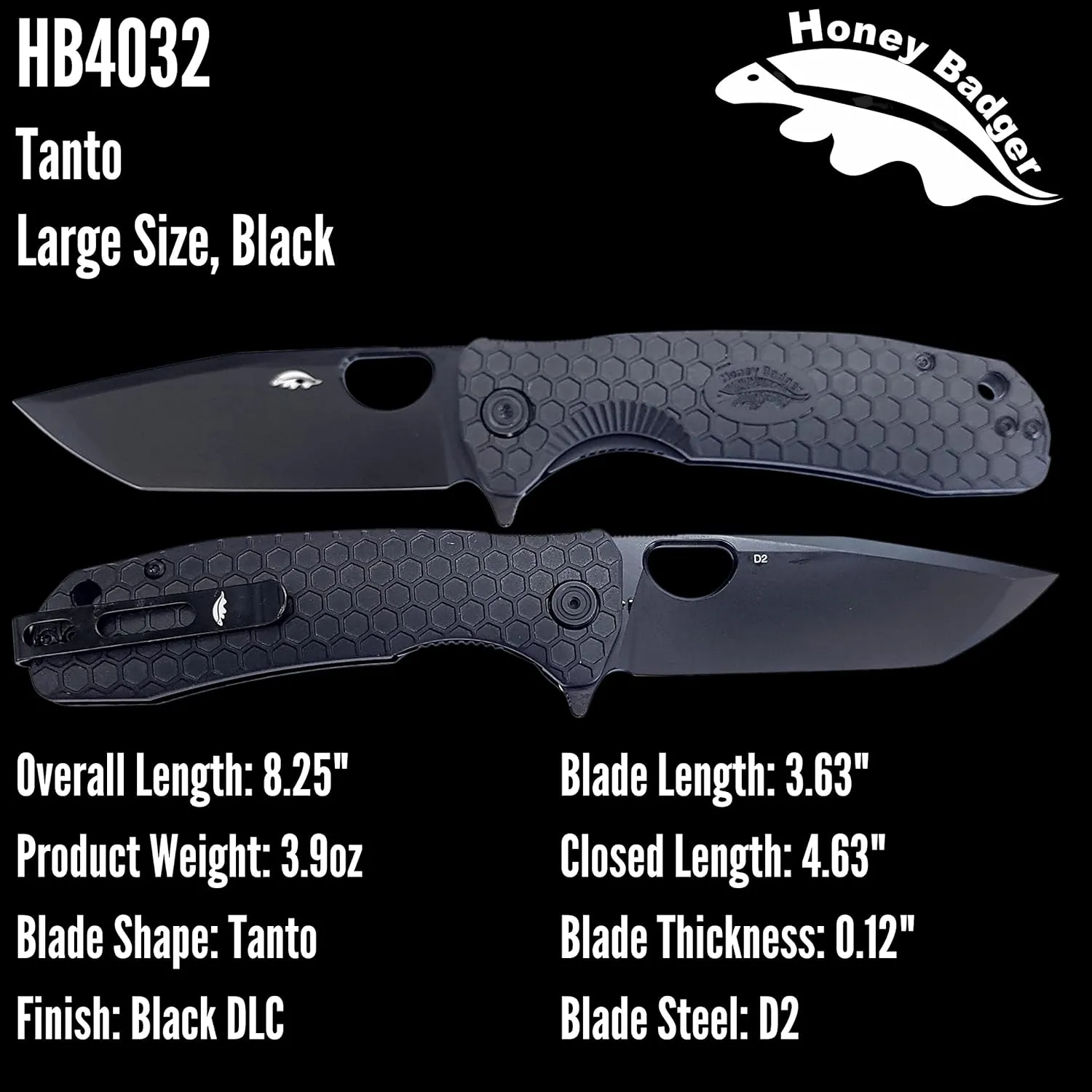 HB4032 Honey Badger Tanto Pocket Knife 3.63" Blade Lightweight 3.9oz Folding Utility EDC Deep Pocket Carry for Outdoor Tactical Survival Camping - Reversible Clip - Large Black DLC