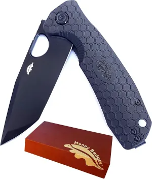 HB4032 Honey Badger Tanto Pocket Knife 3.63" Blade Lightweight 3.9oz Folding Utility EDC Deep Pocket Carry for Outdoor Tactical Survival Camping - Reversible Clip - Large Black DLC