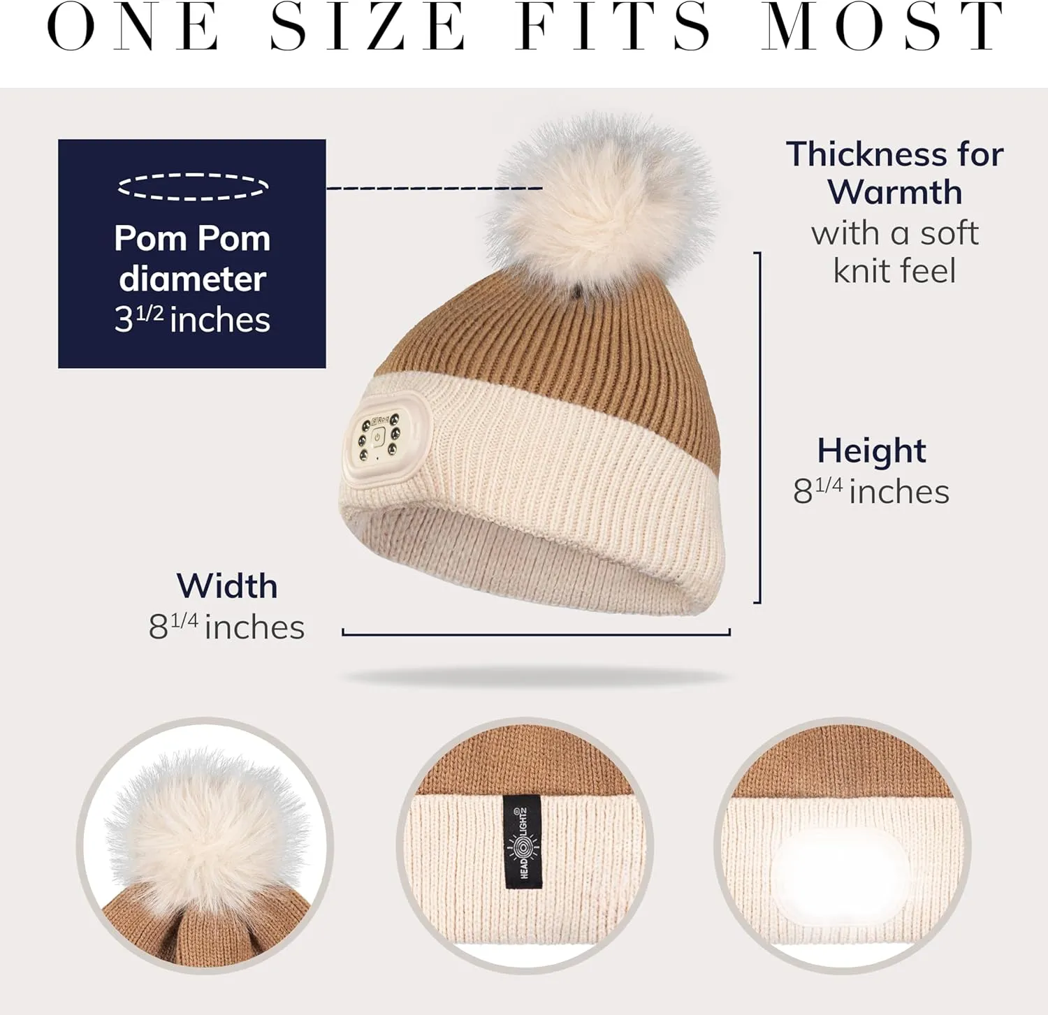 Headlightz by Roq Innovation - POM POM Beanie with Light, Unisex LED Beanie Hat with Light Built in, Rechargeable