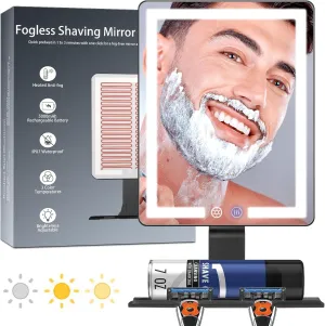 Heated Shower Mirror Fogless for Shaving,3 Color Modes Dimming Shower Shaving Mirror with Light,IPX7 Waterproof Design for Rechargeable Anti-Fog Bathroom Mirror with Storage Tray & Razor Holders