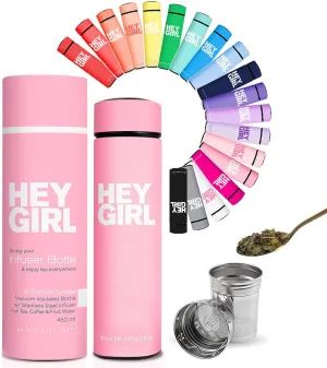 Hey Girl Tea Infuser Bottle 450ml - Insulated Stainless Steel Water Bottle - Thermos Tea Tumbler with Tea Diffuser - Portable Travel Mug for Loose Leaf Tea & Infused Water - Tea Lovers Gifts for Women
