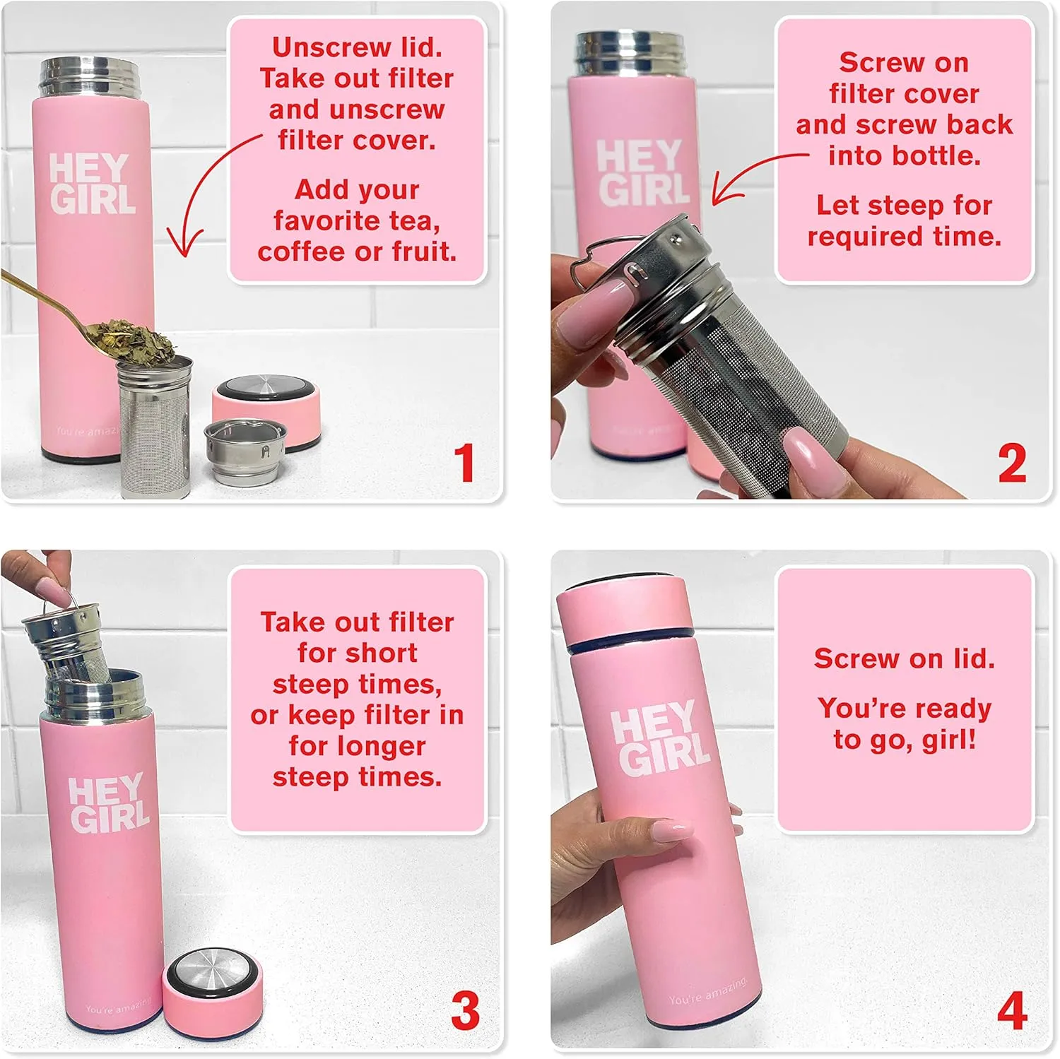 Hey Girl Tea Infuser Bottle 450ml - Insulated Stainless Steel Water Bottle - Thermos Tea Tumbler with Tea Diffuser - Portable Travel Mug for Loose Leaf Tea & Infused Water - Tea Lovers Gifts for Women