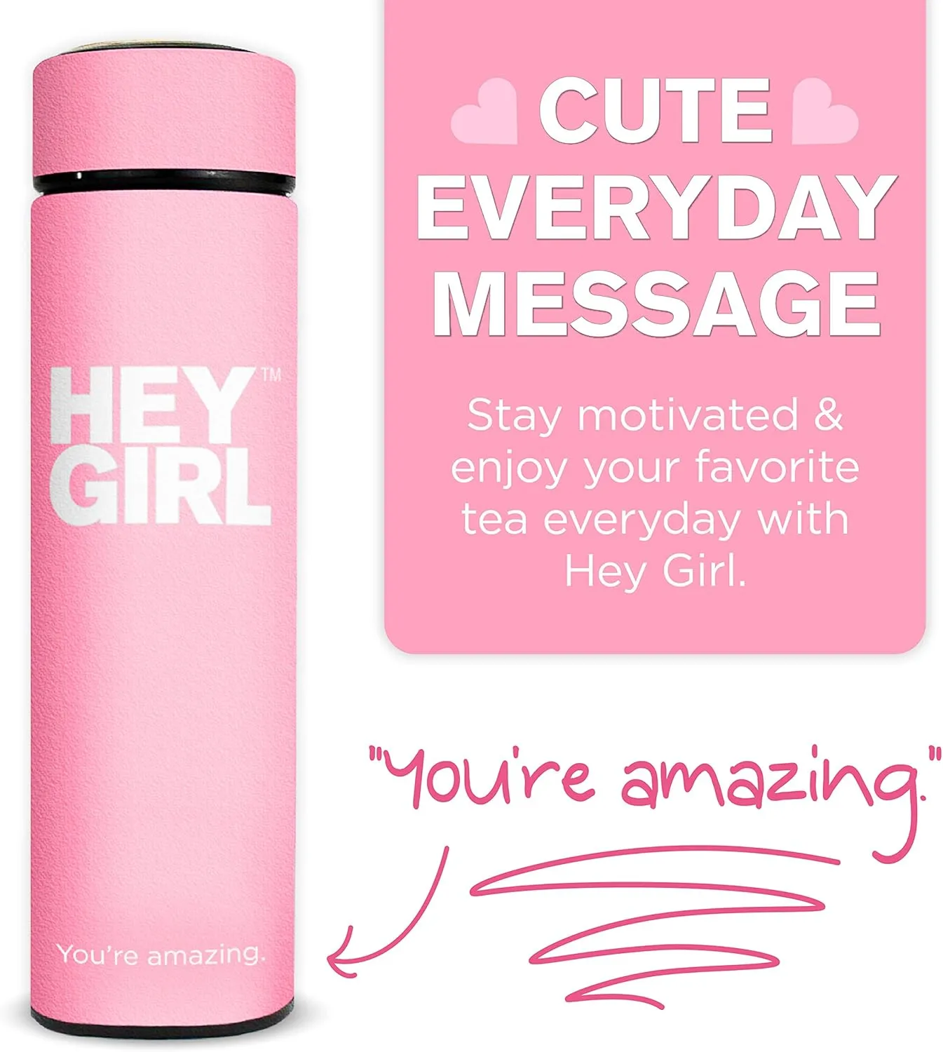 Hey Girl Tea Infuser Bottle 450ml - Insulated Stainless Steel Water Bottle - Thermos Tea Tumbler with Tea Diffuser - Portable Travel Mug for Loose Leaf Tea & Infused Water - Tea Lovers Gifts for Women