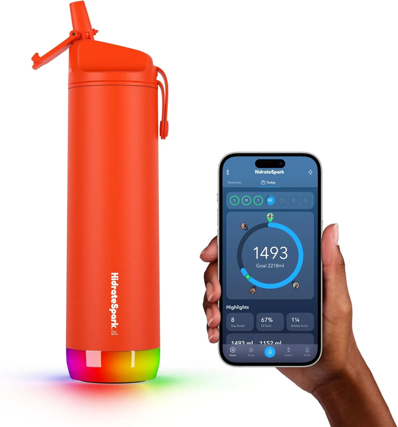 Hidrate Spark PRO Smart Water Bottle – Insulated Stainless Steel – Tracks Water Intake with Bluetooth, LED Glow Reminder When You Need to Drink – Straw Lid, 21 oz