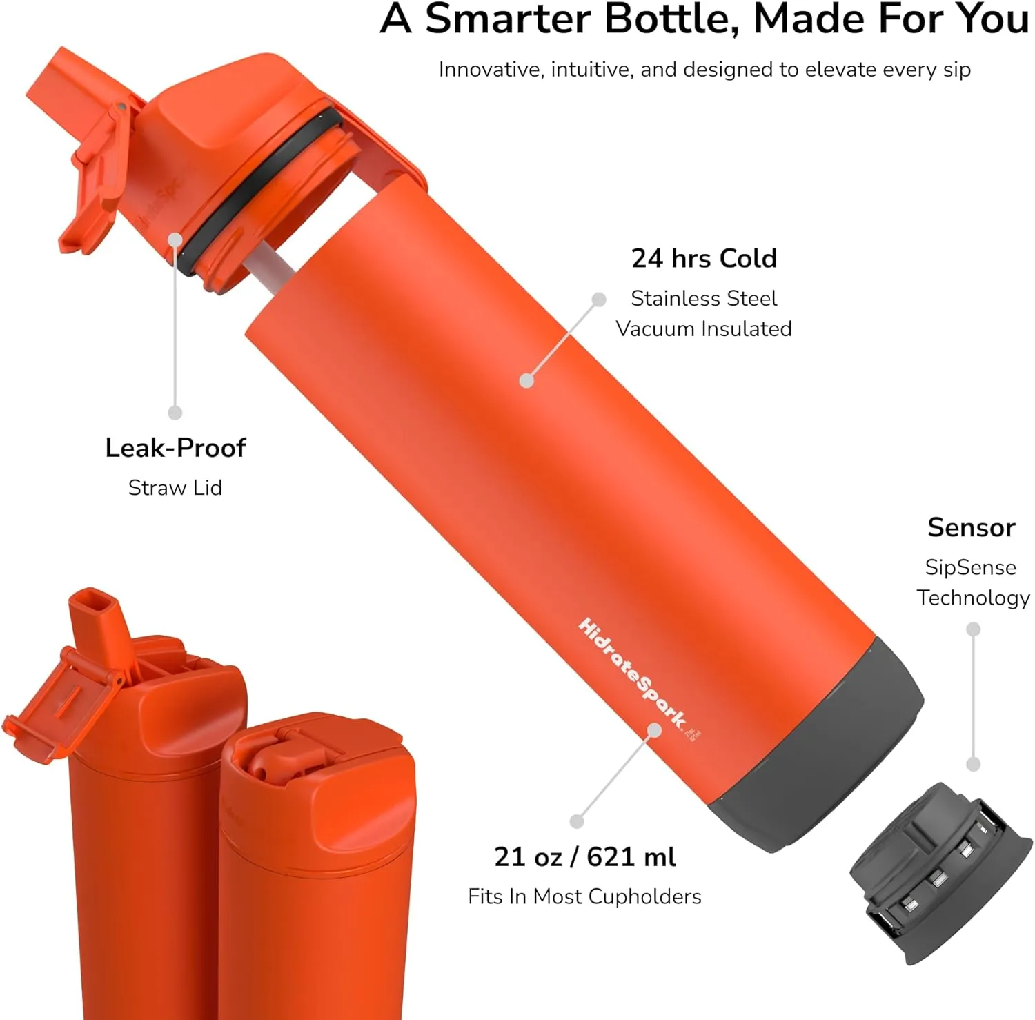 Hidrate Spark PRO Smart Water Bottle – Insulated Stainless Steel – Tracks Water Intake with Bluetooth, LED Glow Reminder When You Need to Drink – Straw Lid, 21 oz