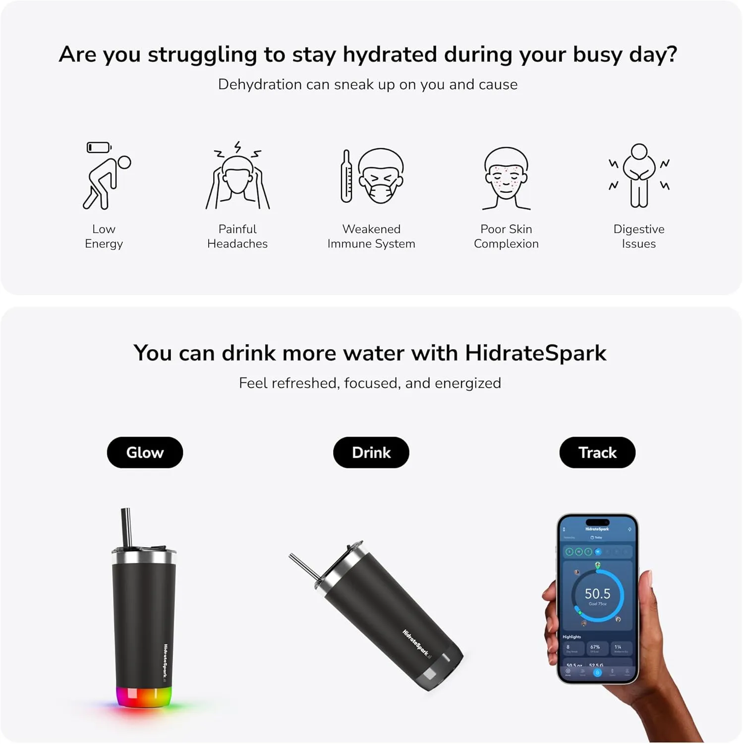 HidrateSpark PRO Smart Tumbler Bundle – Insulated Stainless Steel – Tracks Water Intake with Bluetooth, LED Glow Reminder When You Need to Drink – 20oz, Black   3 Straws