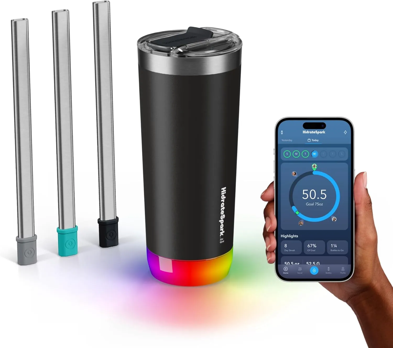 HidrateSpark PRO Smart Tumbler Bundle – Insulated Stainless Steel – Tracks Water Intake with Bluetooth, LED Glow Reminder When You Need to Drink – 20oz, Black   3 Straws