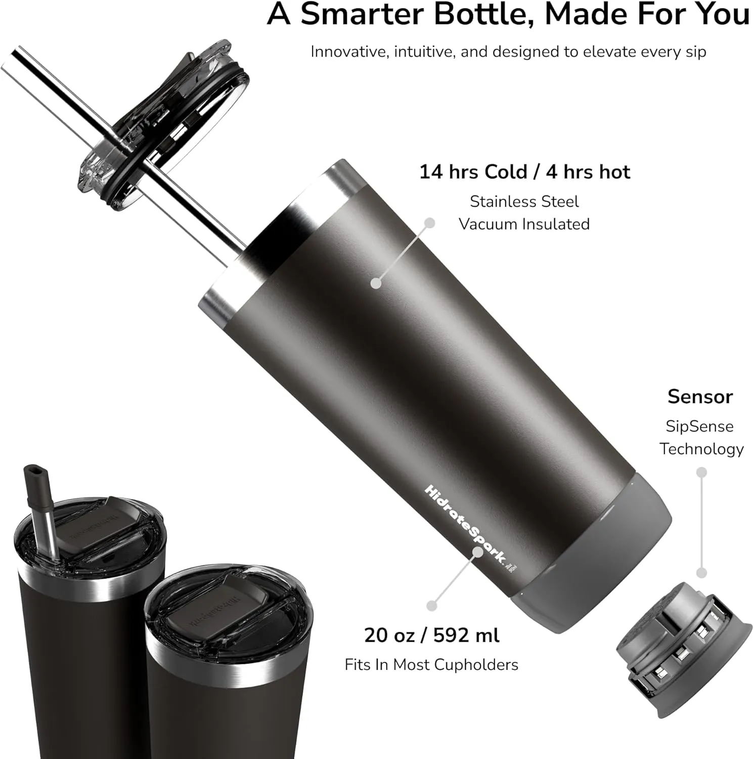 HidrateSpark PRO Smart Tumbler Bundle – Insulated Stainless Steel – Tracks Water Intake with Bluetooth, LED Glow Reminder When You Need to Drink – 20oz, Black   3 Straws