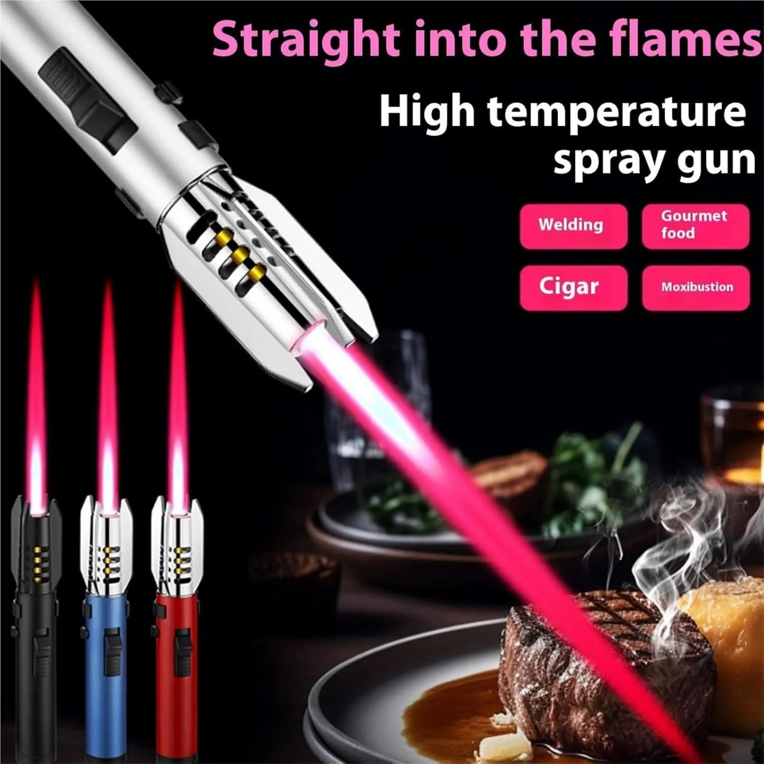 High temperature resistant torch lighter, outdoor adventure fire making tool, windproof butane gas large flame lighter, recyclable refill lighter, metal lighter suitable for kitchen cooking outdoor ca