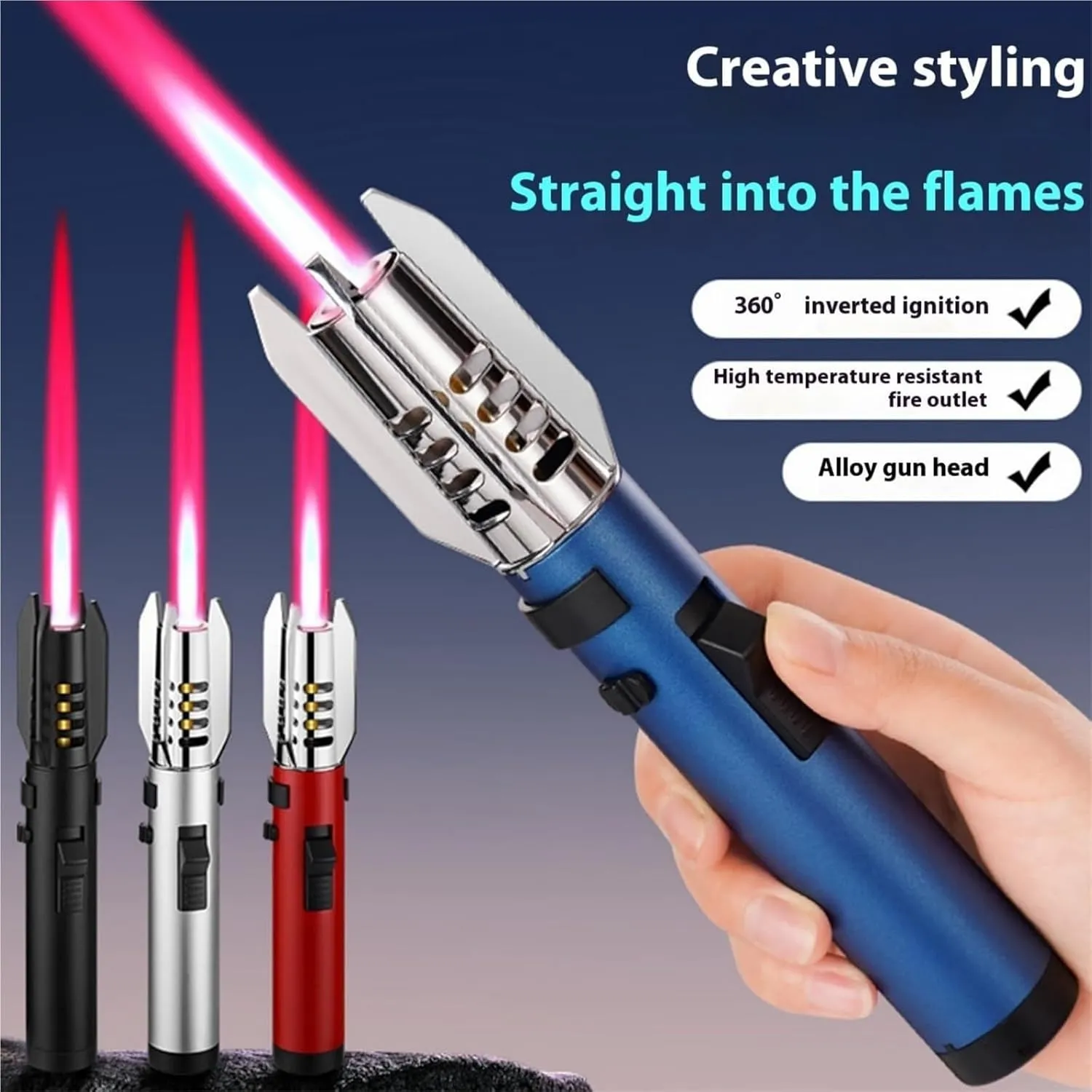 High temperature resistant torch lighter, outdoor adventure fire making tool, windproof butane gas large flame lighter, recyclable refill lighter, metal lighter suitable for kitchen cooking outdoor ca