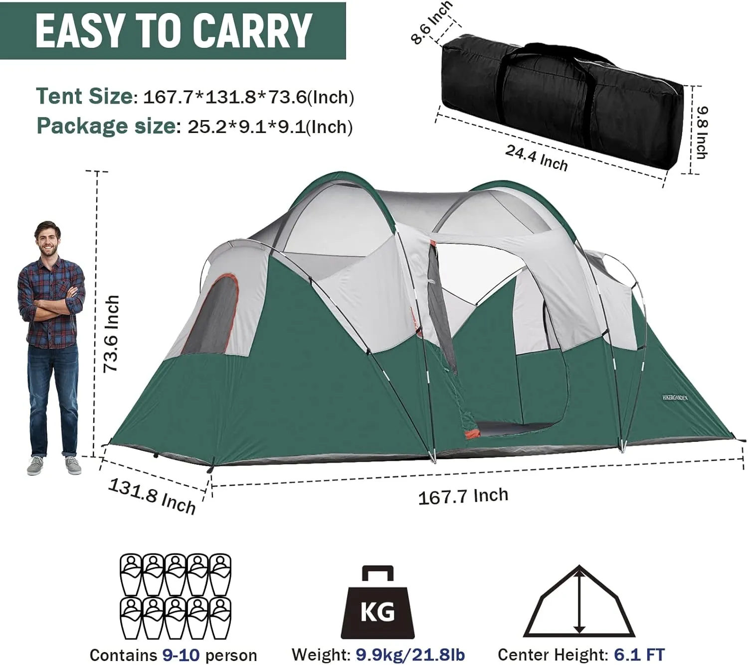 HIKERGARDEN 10 Person Camping Tent - Portable Easy Set Up Family Tent for Camp, Windproof Fabric Dome Tent Outdoor for Hiking, Backpacking, Traveling-14'x11'x74in(H)