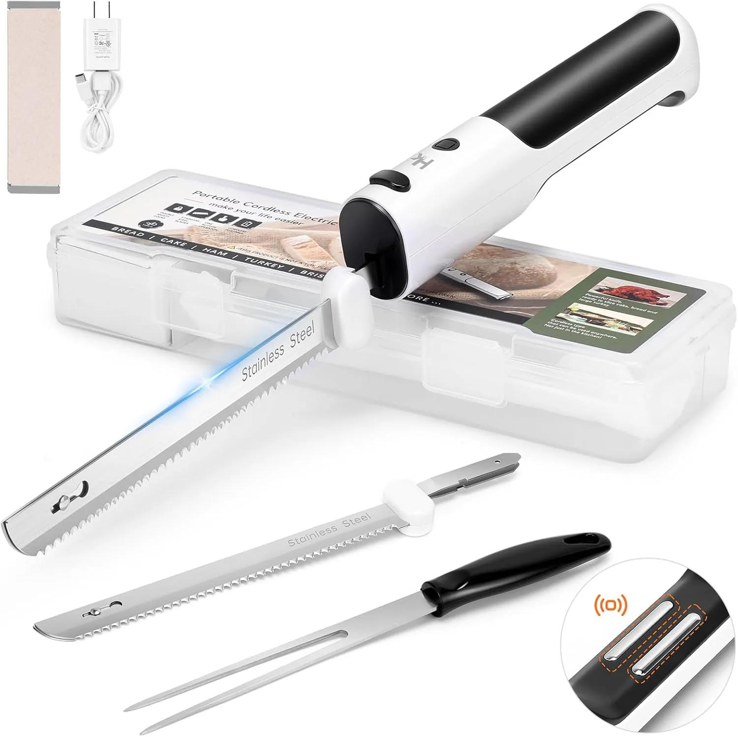 HK Cordless Electric Knife for Carving Meats, Poultry, Bread, Crafting Foam & More, Included Dual 304 Stainless Steel Blades, Fork, Foldable Cutting Board