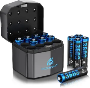 Homesuit Rechargeable Lithium AA Batteries with Charger 12 Bay, 1.5 Volt High Power 3600mWh Lithium Batteries AA Rechargeable, Li-ion Double A Battery 12 Pack Recharge up to 2000  Cycles, Blue