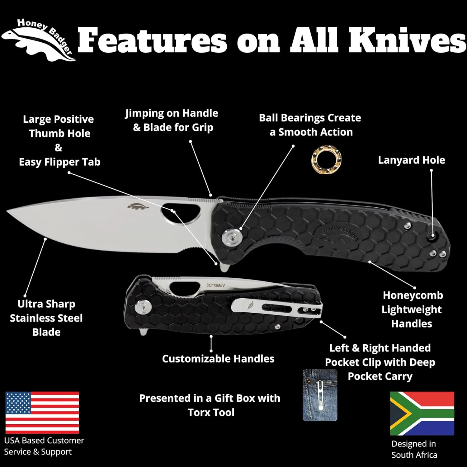 Honey Badger Large Pocket Knife EDC Drop Point Folding Utility Knife 3.6" Steel Blade Reversible Pocket Clip - (3.8oz) Drop Point Large Black DLC Blade HB1224BB