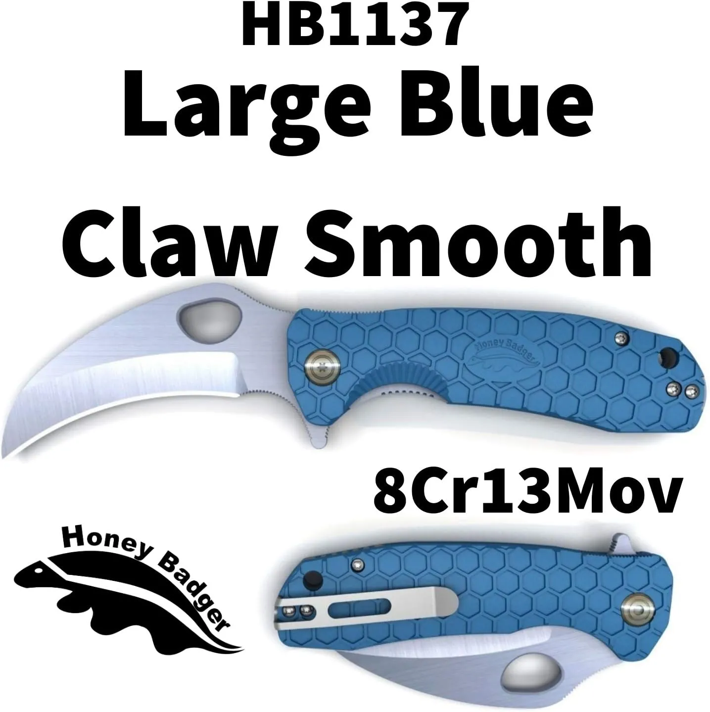 Honey Badger Pocket Knife, EDC Claw Hawkbill Folding Utility Knife, EDC Knife with Stainless Steel Blade, Claw Pocket Knives, Reversible Pocket Clip - 3.4" (Claw Smooth Large Blue)