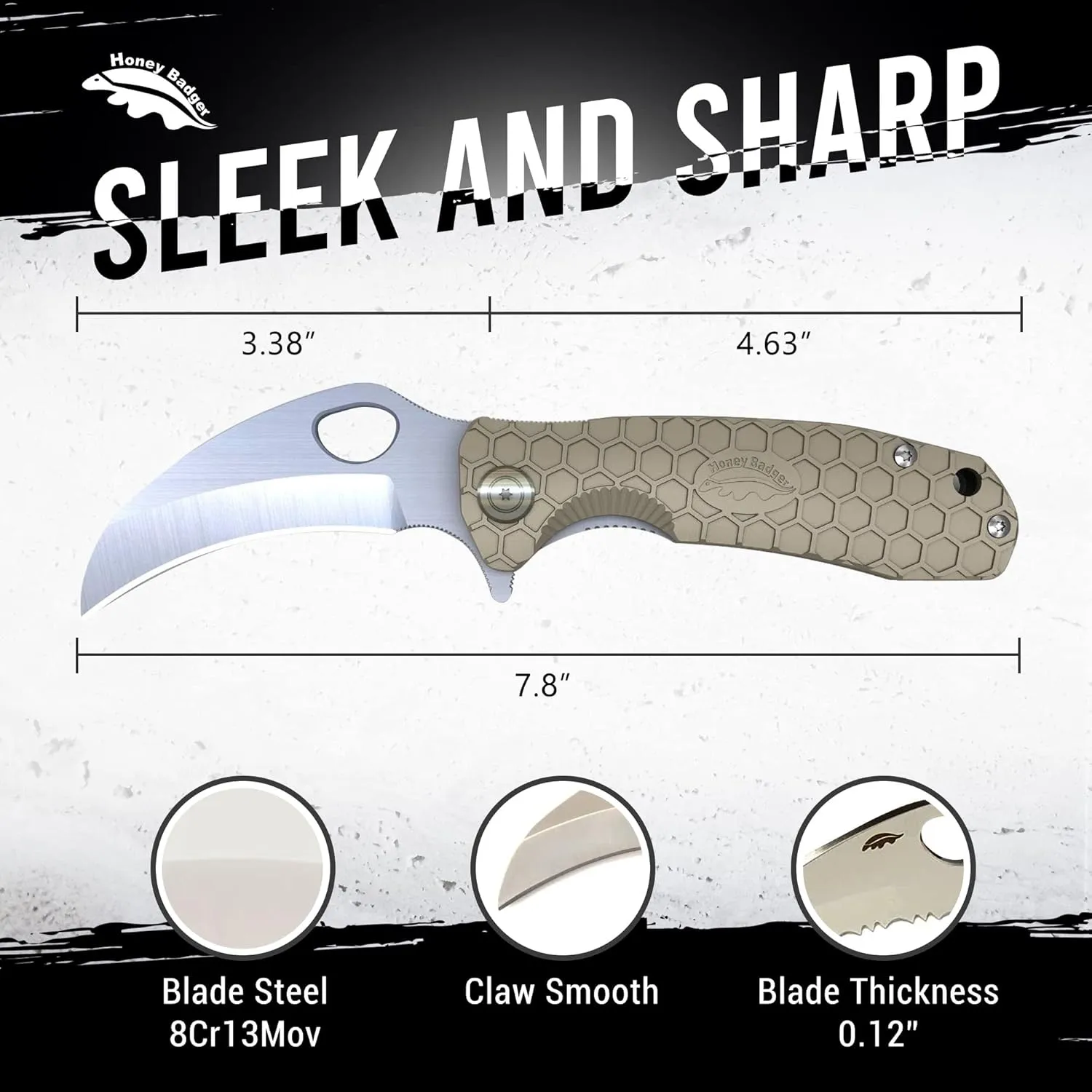 Honey Badger Pocket Knife, EDC Claw Hawkbill Folding Utility Knife, EDC Knife with Stainless Steel Blade, Claw Pocket Knives, Reversible Pocket Clip - 3.4" (Claw Smooth Large Tan)