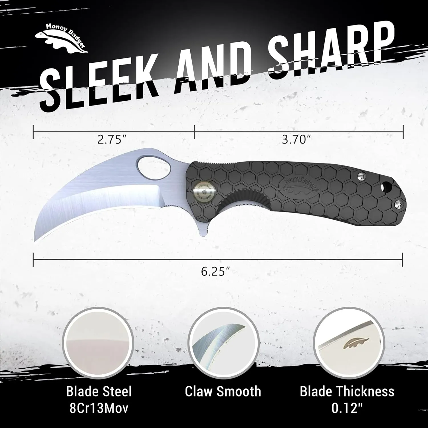 Honey Badger Small Pocket Knife EDC Claw Hawkbill Folding Utility Knife 2.75" Steel Blade, Reversible Pocket Clip, Folding Pocket Knife - (2.9oz) Claw Smooth Small Black HB1141