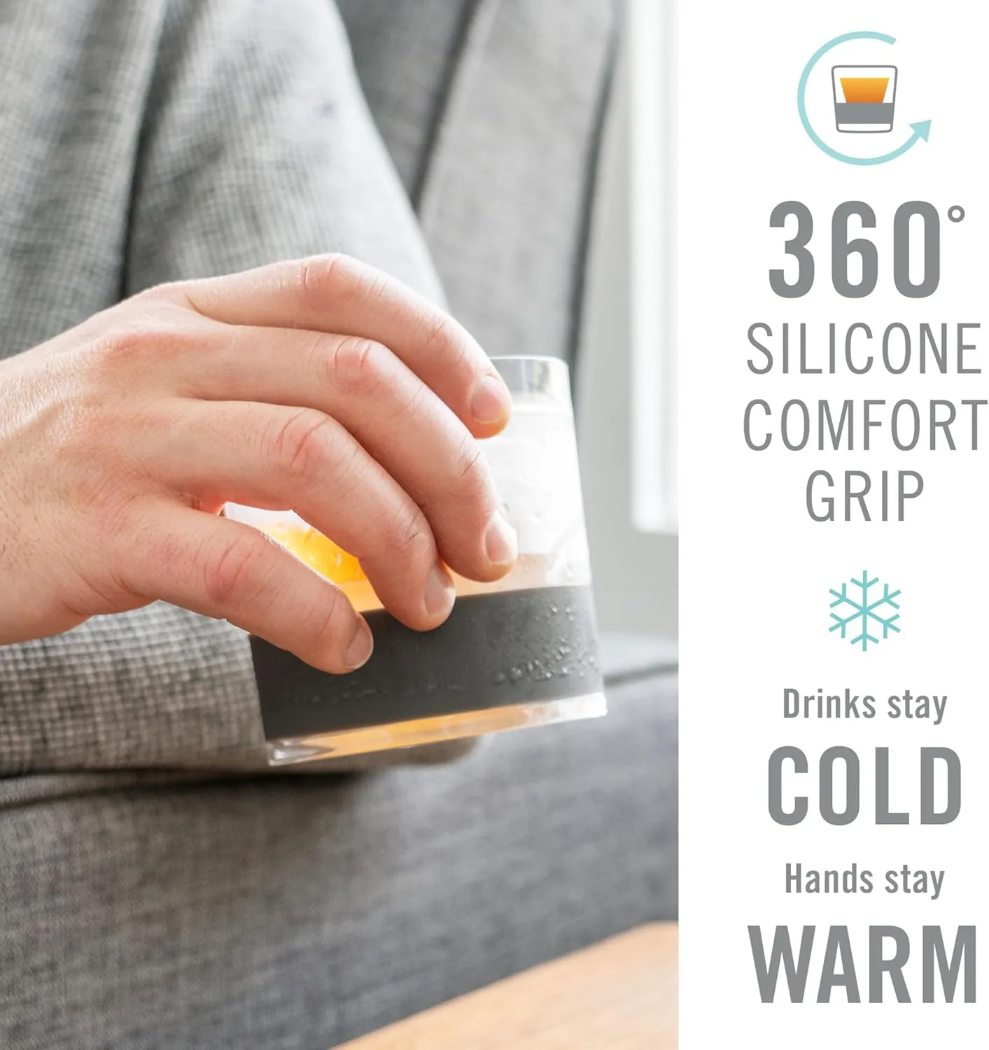 Host Freeze Cooling cups set of 2, Old Fashioned Glass with Silicone band for Bourbon, Scotch, and Whiskey, Whisky Gifts for Men, Grey