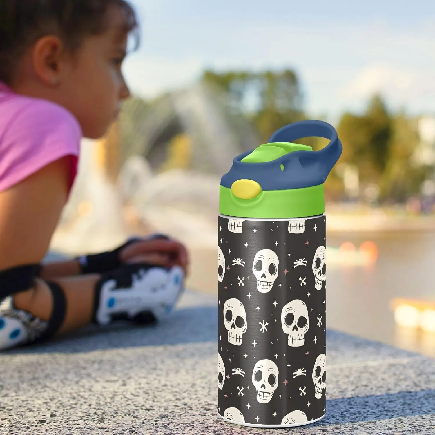 Human Skeleton Funny Skull Kids Water Bottle with Straw Lid Insulated Tumbler with Handle Stainless Steel Reusable Toddlers Cup for Kids Boys 12 oz