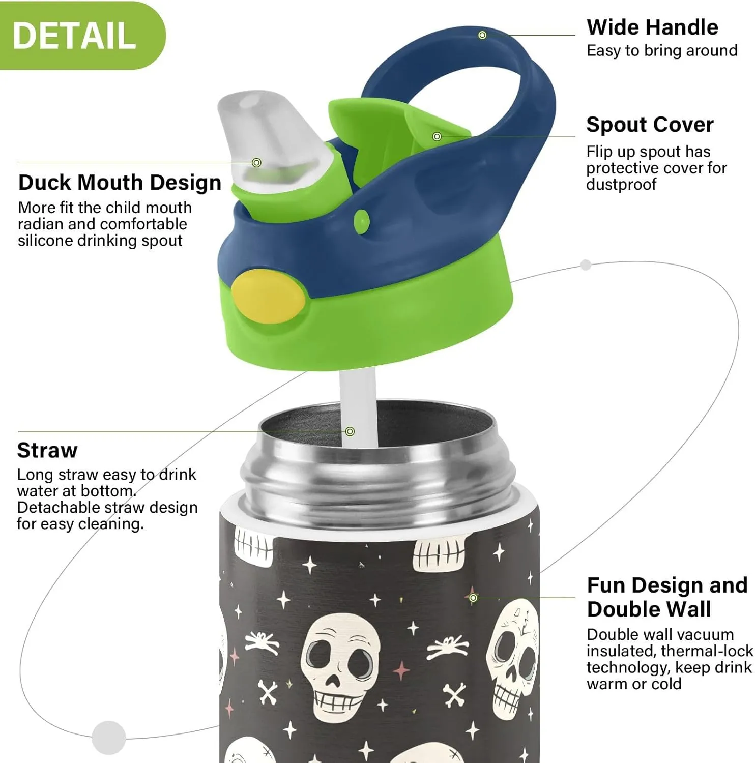 Human Skeleton Funny Skull Kids Water Bottle with Straw Lid Insulated Tumbler with Handle Stainless Steel Reusable Toddlers Cup for Kids Boys 12 oz