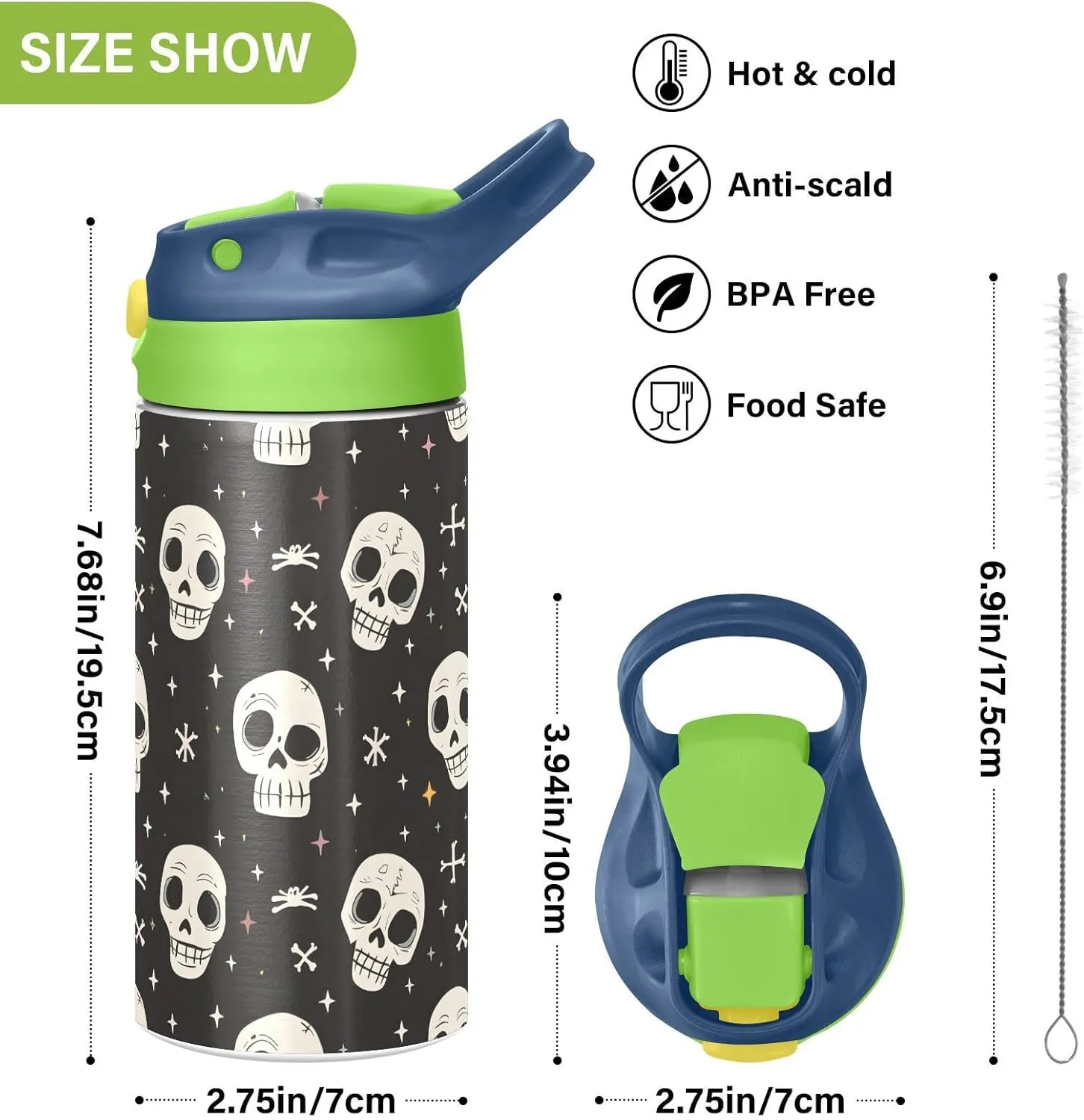 Human Skeleton Funny Skull Kids Water Bottle with Straw Lid Insulated Tumbler with Handle Stainless Steel Reusable Toddlers Cup for Kids Boys 12 oz