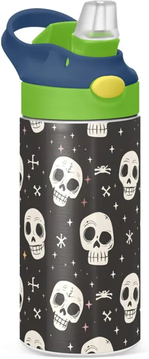 Human Skeleton Funny Skull Kids Water Bottle with Straw Lid Insulated Tumbler with Handle Stainless Steel Reusable Toddlers Cup for Kids Boys 12 oz