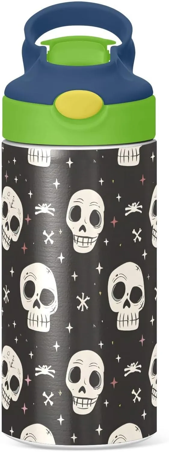 Human Skeleton Funny Skull Kids Water Bottle with Straw Lid Insulated Tumbler with Handle Stainless Steel Reusable Toddlers Cup for Kids Boys 12 oz
