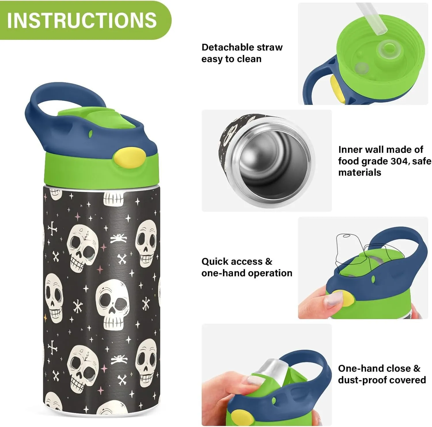 Human Skeleton Funny Skull Kids Water Bottle with Straw Lid Insulated Tumbler with Handle Stainless Steel Reusable Toddlers Cup for Kids Boys 12 oz
