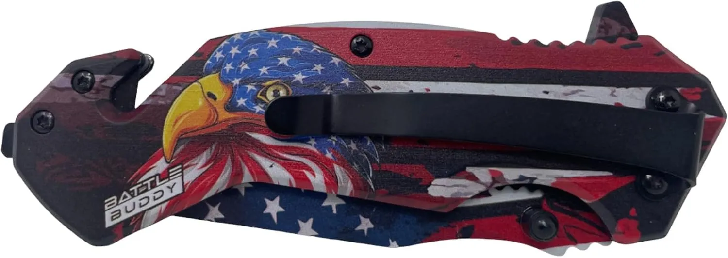Hunting Knife - American Patriotic Camping Knife - America Folding Pocket Knife - 420 Stainless Steel With Cool Design & American Flag Knives Artwork For Collectors & Enthusiasts