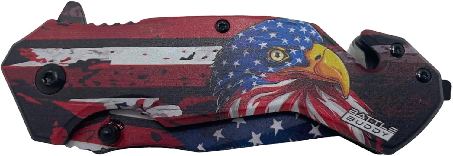 Hunting Knife - American Patriotic Camping Knife - America Folding Pocket Knife - 420 Stainless Steel With Cool Design & American Flag Knives Artwork For Collectors & Enthusiasts