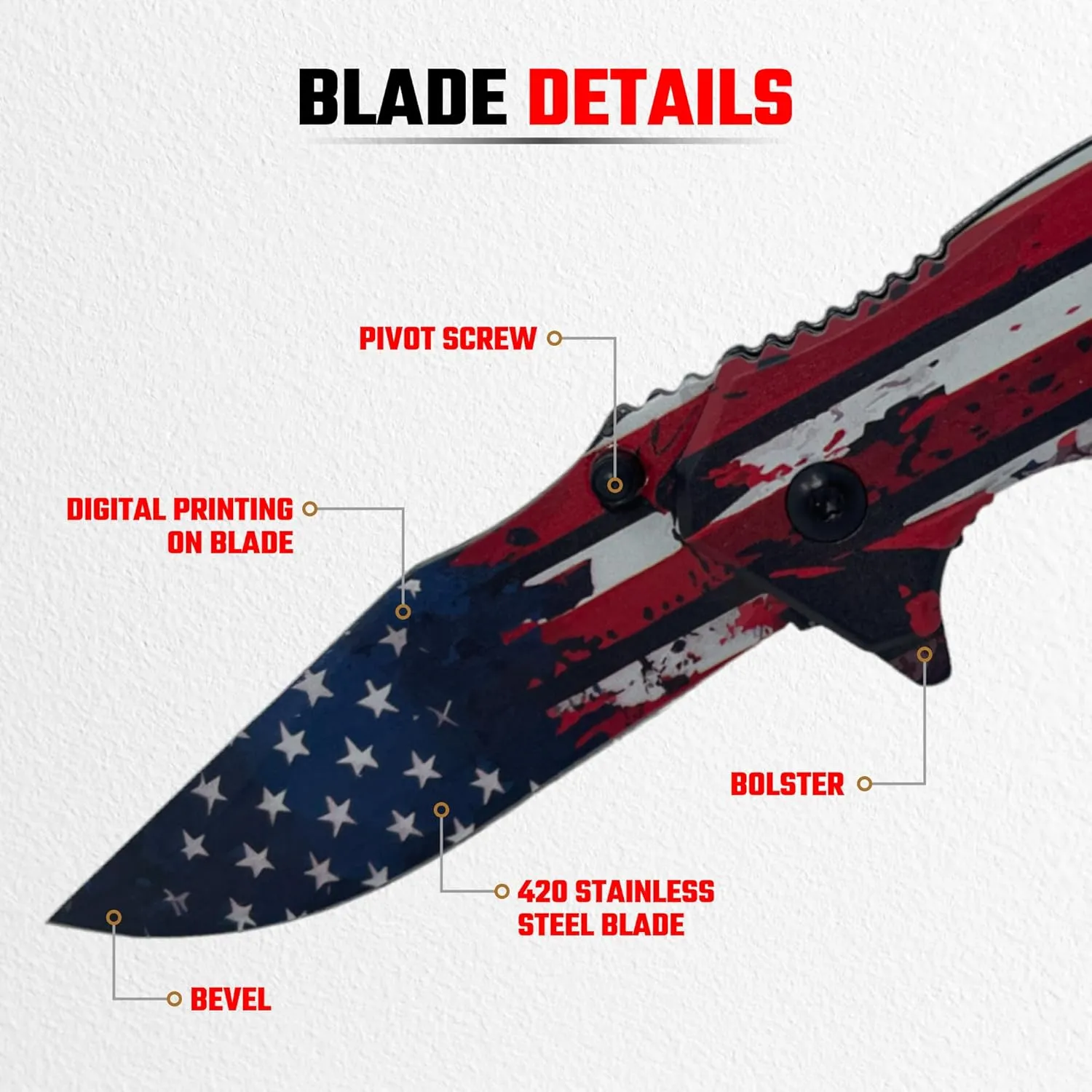 Hunting Knife - American Patriotic Camping Knife - America Folding Pocket Knife - 420 Stainless Steel With Cool Design & American Flag Knives Artwork For Collectors & Enthusiasts