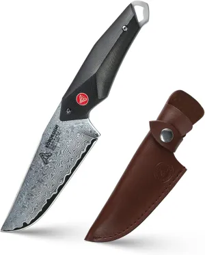 Hunting Knife with AUS-10 Japanese Damascus Steel, 4-Inch Full Tang Fixed Blade with Sheath, Tactical Survival Tool for EDC, Skinning, Camping, Outdoor, Bushcraft Knife for Men with G10 Handle