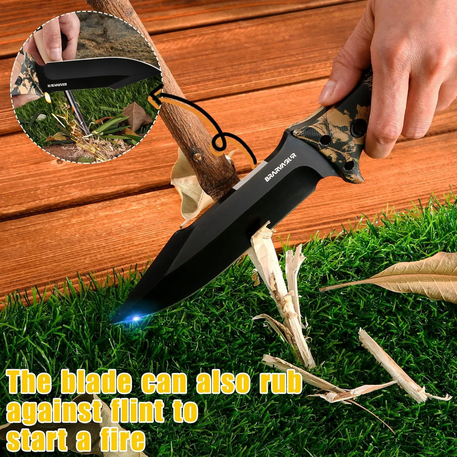 Hunting Knife with Kydex Sheath - 9cr Steel Full Tang Fixed Blade Tactical Knife, and Adjustable Belt Clip for Outdoor Survival, Camping, and Hiking (Camouflage)