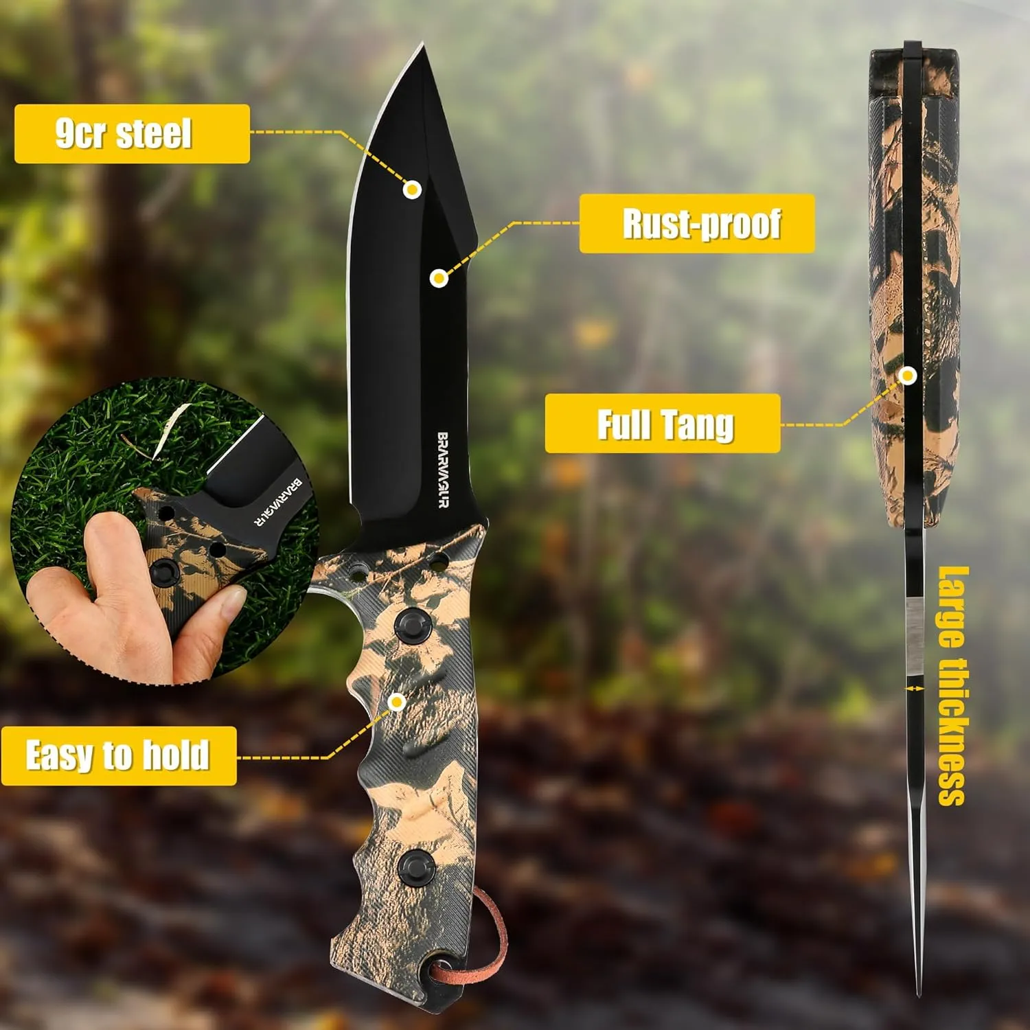 Hunting Knife with Kydex Sheath - 9cr Steel Full Tang Fixed Blade Tactical Knife, and Adjustable Belt Clip for Outdoor Survival, Camping, and Hiking (Camouflage)