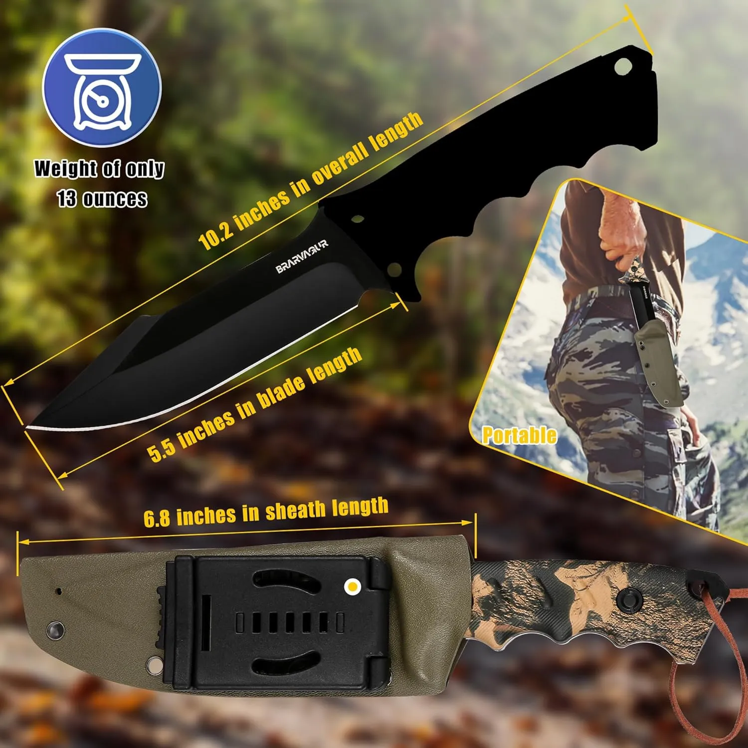 Hunting Knife with Kydex Sheath - 9cr Steel Full Tang Fixed Blade Tactical Knife, and Adjustable Belt Clip for Outdoor Survival, Camping, and Hiking (Camouflage)