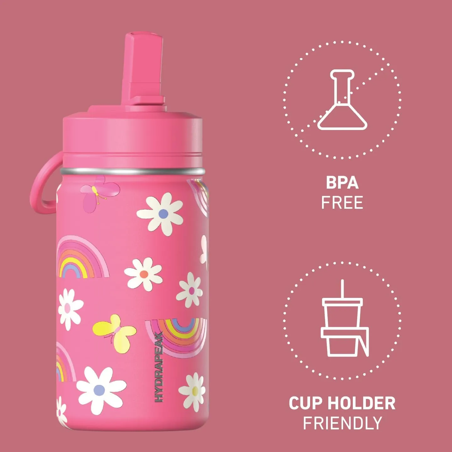 Hydrapeak Mini 14oz Fun Sticker Print Water Bottle with Straw Lid, Stainless Steel Double Wall Insulated, Leak-Proof and Spill-Proof, Rainbow Daisy-Hot Pink
