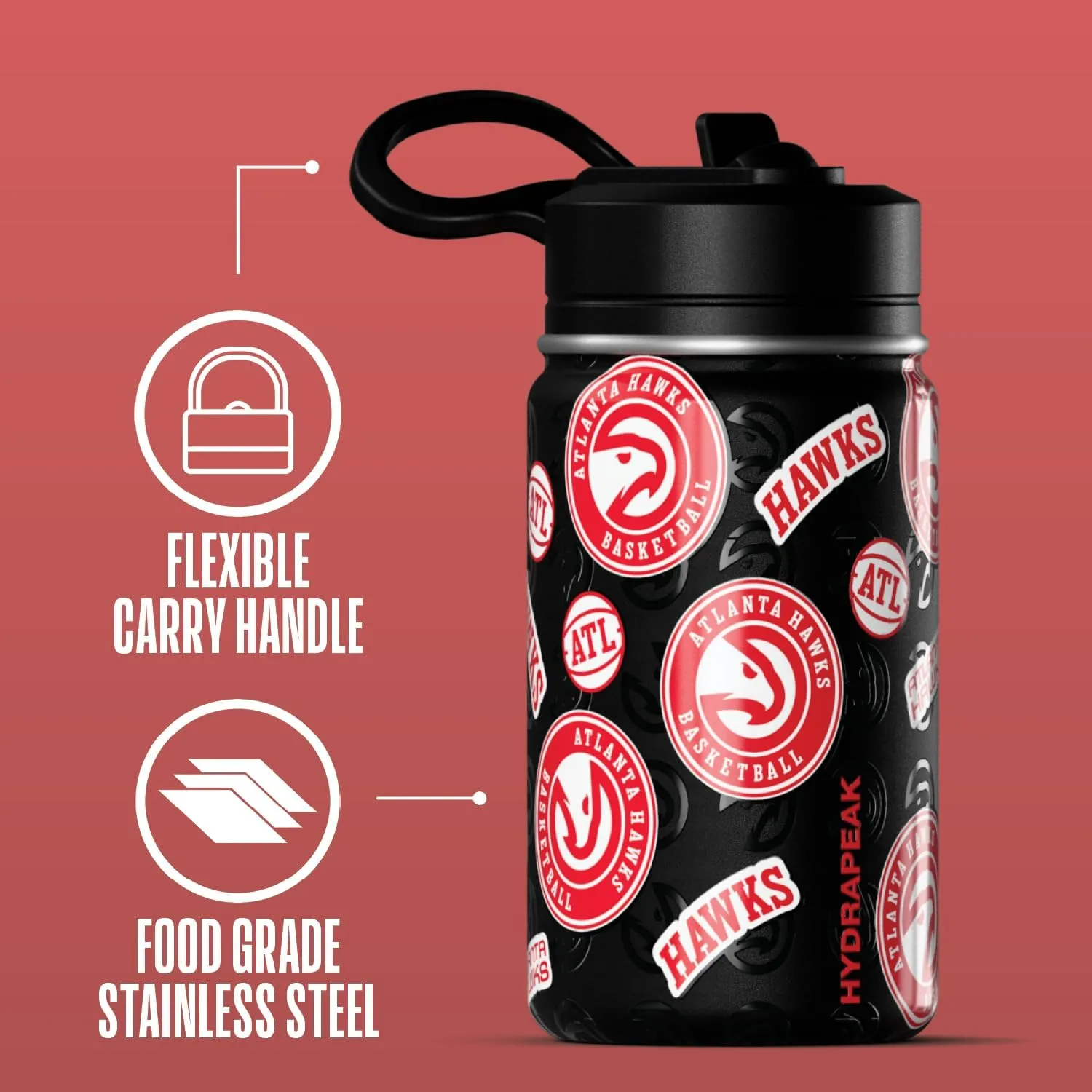 Hydrapeak x NBA Officially Licensed Atlanta Hawks 14oz Mini Kids Water Bottle with Straw Lid and Handle Reusable Stainless Steel Double Wall Insulated Spill Proof Sports Gift for Boys Girls