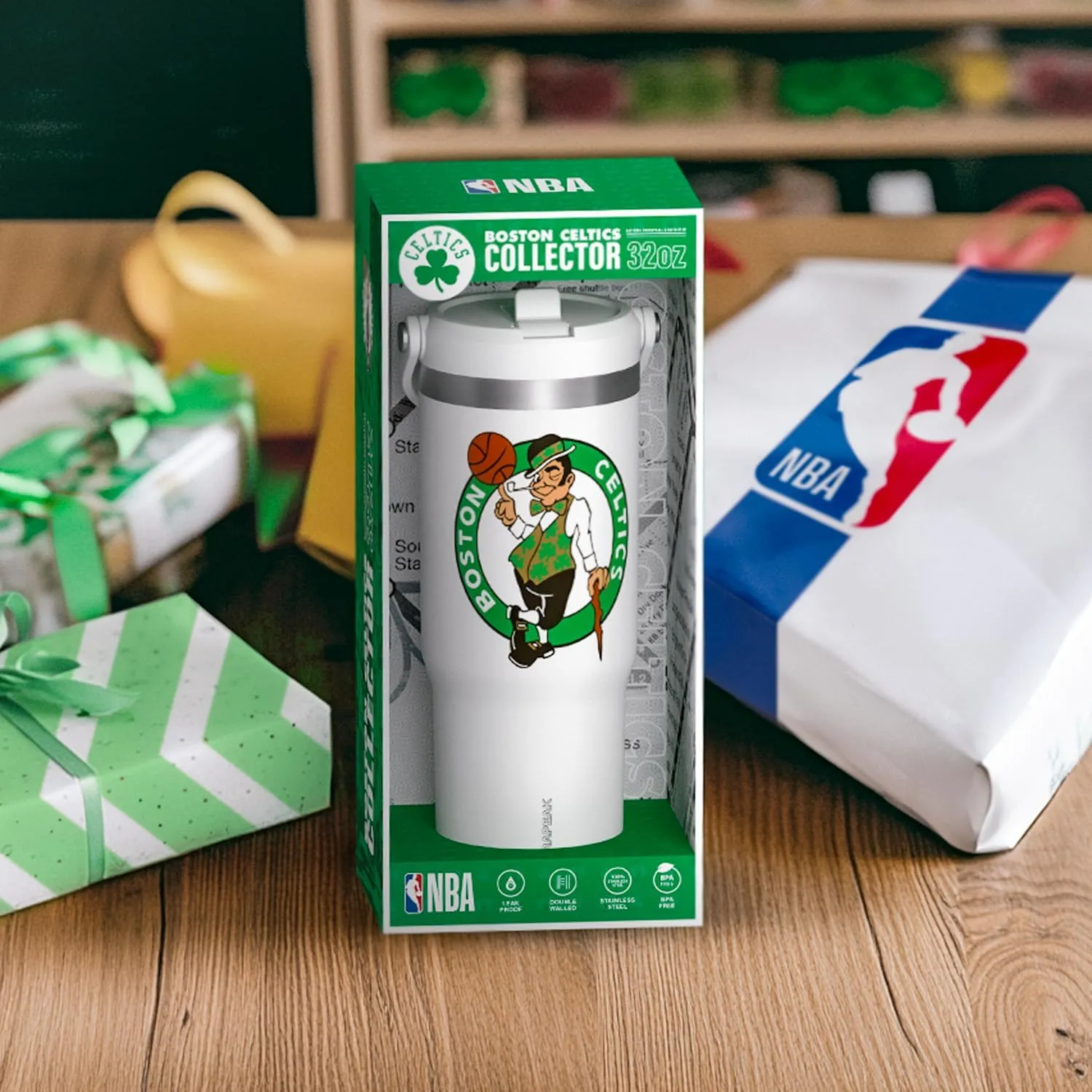 Hydrapeak x NBA Officially Licensed Boston Celtics 32oz Nomad Stainless Steel Tumbler with Handle and Straw Lid, Leakproof Water Bottle in Limited Edition Collector's Gift Box