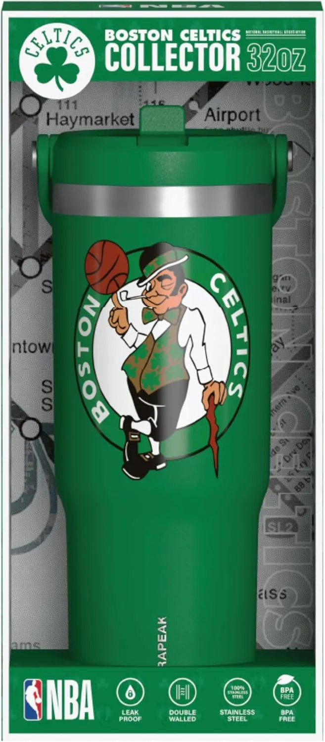 Hydrapeak x NBA Officially Licensed Boston Celtics 32oz Nomad Stainless Steel Tumbler with Handle and Straw Lid, Leakproof Water Bottle in Limited Edition Collector's Gift Box