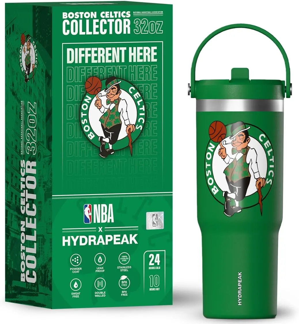 Hydrapeak x NBA Officially Licensed Boston Celtics 32oz Nomad Stainless Steel Tumbler with Handle and Straw Lid, Leakproof Water Bottle in Limited Edition Collector's Gift Box
