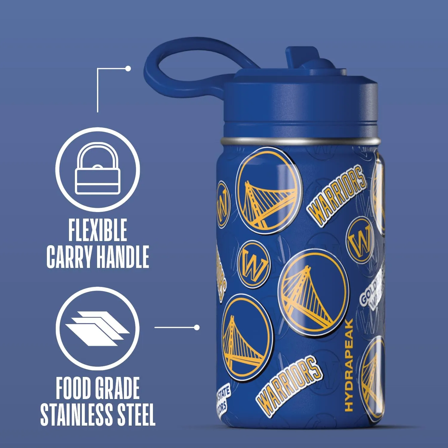 Hydrapeak x NBA Officially Licensed Golden State Warriors 14oz Mini Kids Water Bottle with Straw Lid and Handle Reusable Stainless Steel Double Wall Insulated Spill Proof Sports Gift for Boys Girls